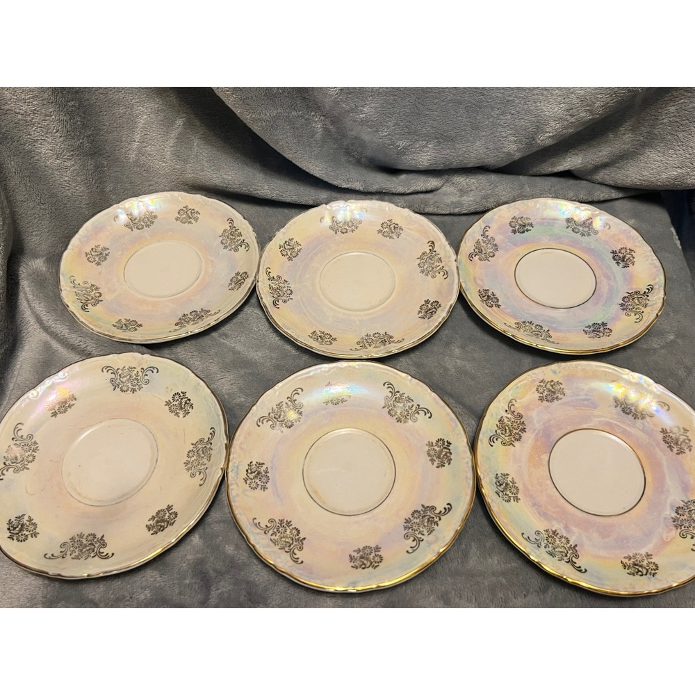 Kahla Germany Saucer Set 6 Iridescent Lusterware Gold Trim Floral GDR VTG